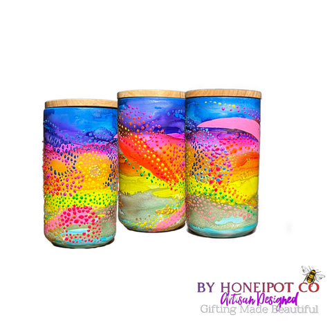 unique and bespoke rainbow kitchen canisters hand painted and artisan designed in Melbourne